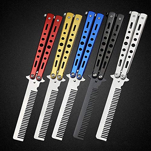 Leoie Foldable Stainless Steel Comb Hair Pomade Styling Butterfly Comb Hairdressing Knife Comb for Training red