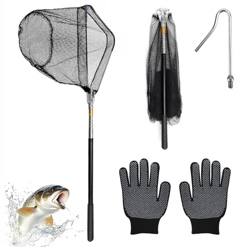 Épuisette de Pêche Pliable Caoutchoutée avec Poignée Télescopique de 147 cm Épuisette Pêche Carnassier pour Carpe Truite Crevette Kit de Filet de pêche pour Volaille