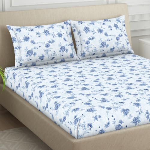 Image of Welspun Cotton Blend Bedsheet for Double Bed with 2 Pillow Covers | Soft, Skin Safe & Breathable Bed Sheet | Floral Print | Large Size Bedsheet | Ideal for Gifting & Festivals | 224 x 254 cm |Ice Blue