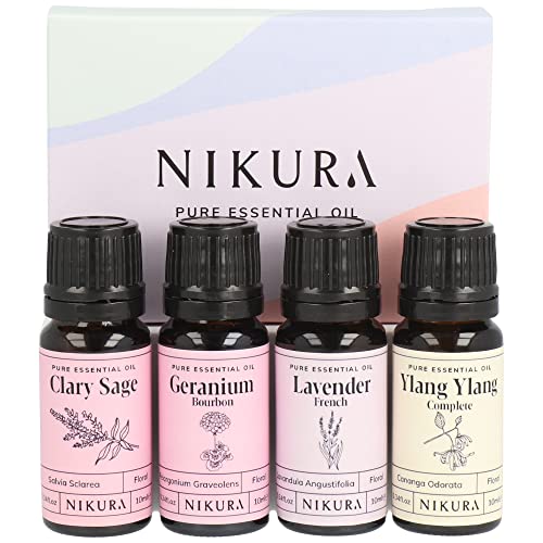 Nikura Floral Essential Oil Gift Set - 4 x 10ml | Perfect for Gifts, Aromatherapy, Diffusers for Home | 100% Pure and Natural Oils | Including Clary Sage, Geranium, Lavender & Ylang Ylang Nikura Floral Essential Oil Gift Set - 4 x 10ml | Perfect for Gifts, Aromatherapy, Diffusers for Home | 100% Pure and Natural Oils | Including Clary Sage, Geranium, Lavender & Ylang Ylang