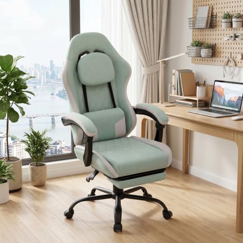 Image of Video Gaming Chair, Ergonomic Office Chair with Footrest, Lumbar Support and Linkage Armrests, Swive Home Video Game Chairs for Adults, Mint Green