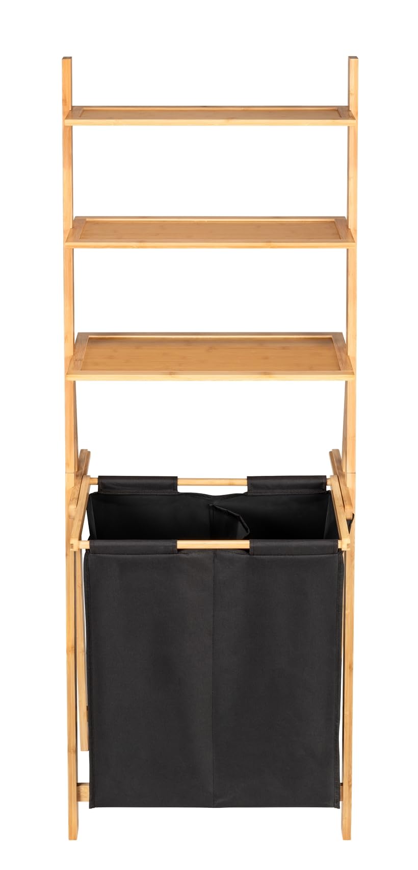 WENKO Leiterregal mit Wäschesammler Ecori, Leiter aus Bambus, Wäschekorb mit 2 Fächern (je ca. 33 L), Textil aus recyceltem Polyester, Schwarz