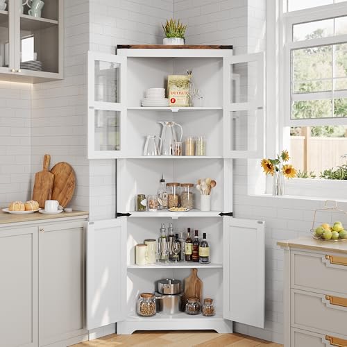 GarveeHome Tall Corner Cabinet, Farmhouse Corner Storage Cabinet with Glass Door & Adjustable Shelves, Space Saving Storage for Living Room, Kitchen, Bathroom, White
