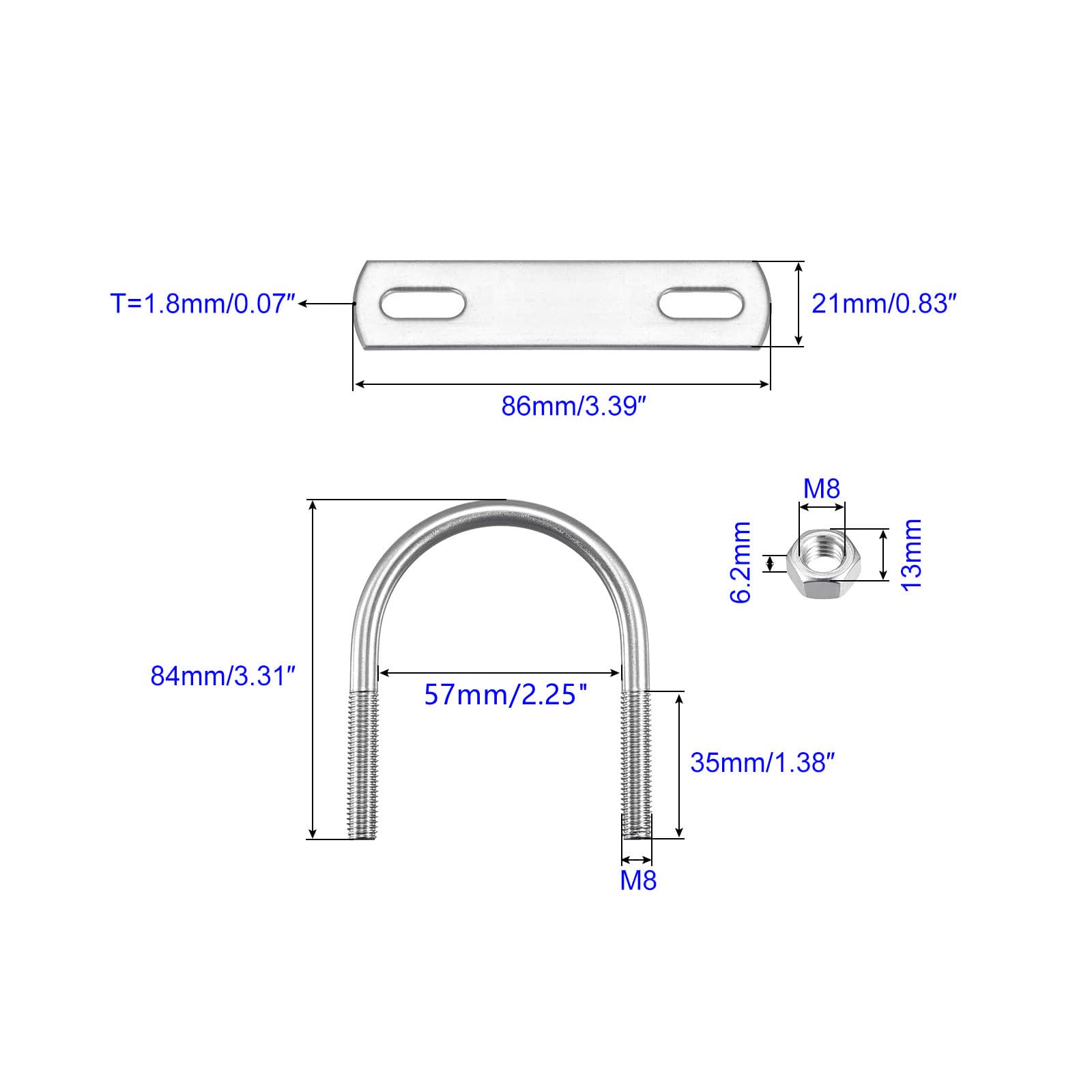 MACHSWON Round U-Bolt,3 Set 304 Stainless Steel M8 U Bolts 57mm(2.25") Inner Width 84mm Length with Nuts and Frame Plate for Automobiles Boat Trailer - Image 2