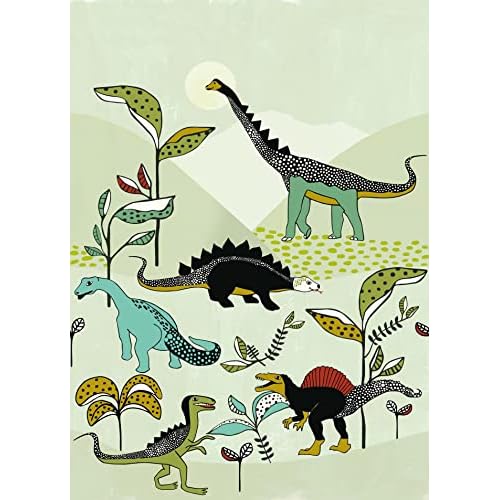 Rasch Tapete 557695 - Bunte Fototapete für Kinder mit Dinosauriern auf grünem Hintergrund - Onszelf Stories - 280cm x 200cm (LxB)