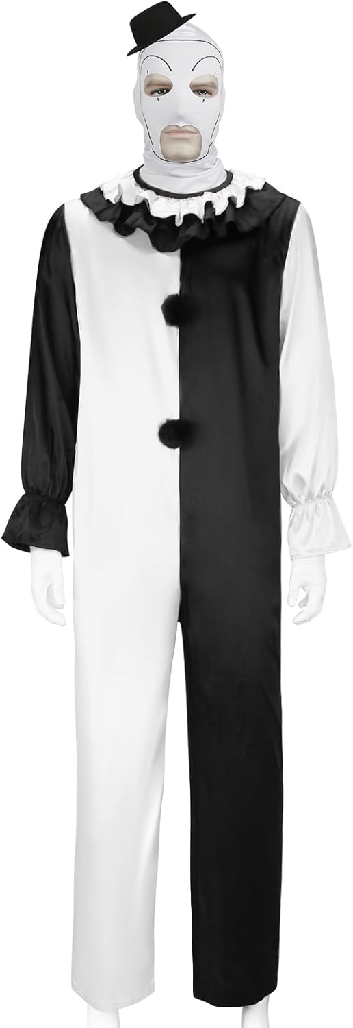 Men Terrifier Jumpsuit Costume Cosplay Outfits Black White Killer Clown Bodysuit Headgear Hat for Halloween