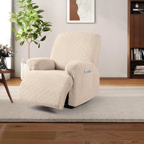 Image of VANSOFY Oversized Recliner Chair Cover, 4-Pieces Stretch Recliner Covers for Recliner Chair Soft Reclining Chair Slipcover Jacquard Pattern Furniture Protector for Dogs Cats(Cream)