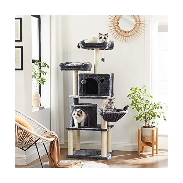 Feandrea Kratzbaum, Stabiler Katzenbaum, mit Sisal-Kratzstangen, Plüsch-Sitzmulden, einem Korb und 2 Häuschen, Kletterbaum für Katzen, PCT90G – Bild 5