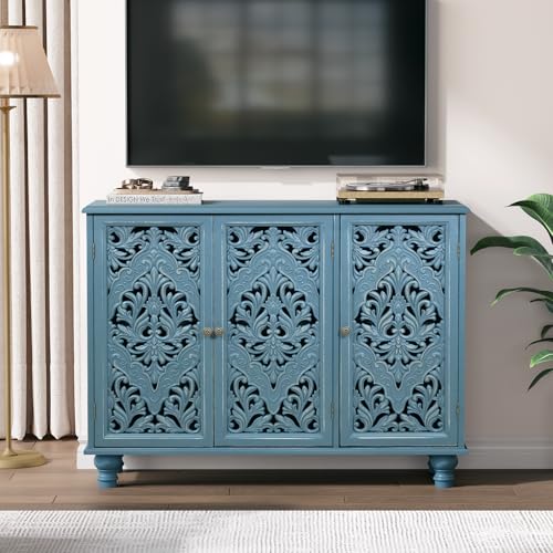Image of JOINICE 42.5 inch Accent Storage Cabinet with 3 Carved Doors,Mandala Blue | Versatile Storage for Living Room /Dining Room /Bedroom /TV Stand, Solid Wood Legs, Farmhouse /Rustic Style, Adjustable Shelf