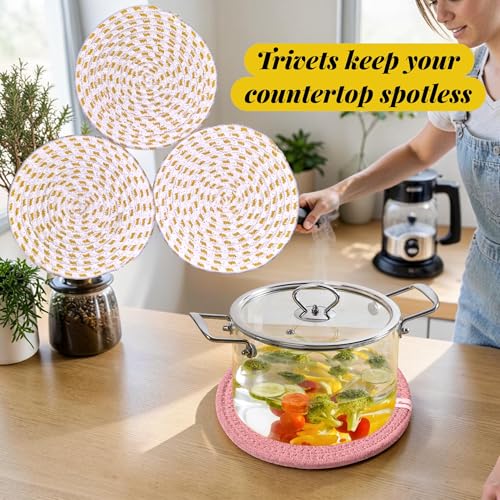 Image of Yellow White Trivet Set of 3 (18 cm) for hot pots for Dining Table and Kitchen countertop, Thick and Sturdy, Boho Table Decor