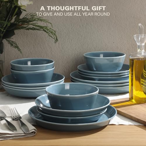 Image of Gibson Home Summer Shades 16 Piece Plates and Bowls Dishes Service for 4 Porcelain Dinnerware Set - Blue