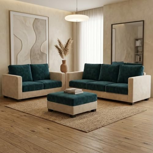 Image of FURNY Haster 3 Seater + 2 Seater Fabric Sofa Set with 1 Ottoman (Green Teal-Cream) with Velvet Finish | Durable Comfort | Ideal for Living Room