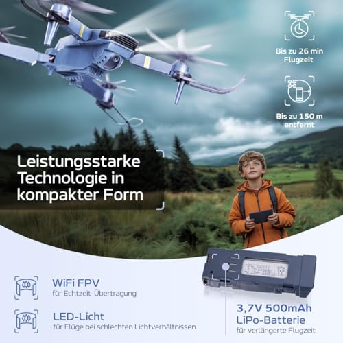 Faltbare Drohne mit Kamera – RC Quadcopter, 1080P HD, FPV, Altitude Hold, 360° Flips, Headless Mode, WiFi, Ausführung: Akkus variabel (Akkus: 2 St.) – Bild 4