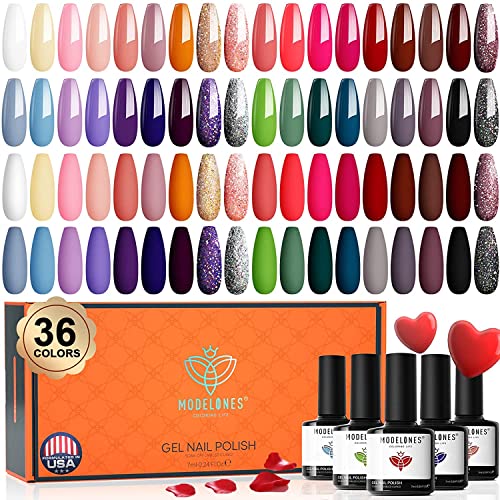 Modelones Gel Nail Polish Set 36 Colors All Seasons Holiday Pink Red Gel Polish Soak Off Glitter Nail Gel Nail Art Starter Kit Nail Salon Kit Manicure Set