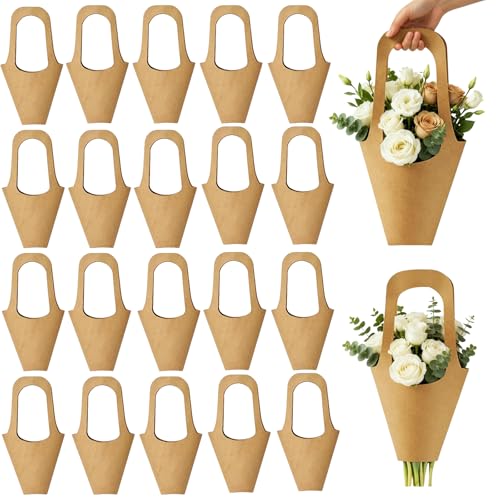 Bouquet Flower Gift Bags with Handle - 30 Pack Kraft Paper Bouquet Flower Hanging Wrapping Paper Gift Bags Kraft Paper Flowers Gift Bags Brown Paper Flower Wrapping Bags for Flower Arrangement Florist Shop Packaging Supplies