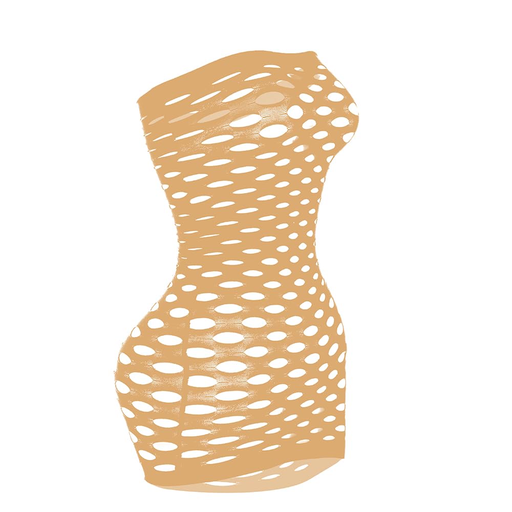 Vorifun Sexy Womens Strapless Fishnet Lingerie Sleepwear Mini Dress Tube Chemise Bodysuit One Size: Beige