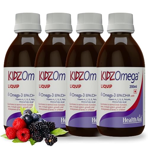 Image of HealthAid KidzOmega - 800ml | Ideal For Kids Where Yummy Meets Healthy | Omega 3 DHA with Vitamin C, D, E | Omega 3 syrup for kids optimal growth | Supports Brain Health | Mix Berry Flavor