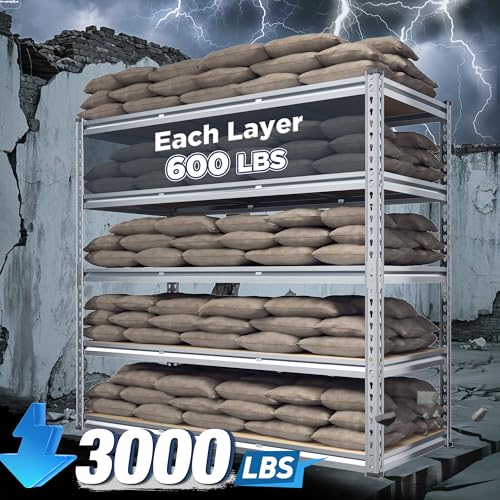 REIBII Garage Shelving, 5 Tier Storage Shelves Load 3000LBS, Adjustable Garage Shelving Heavy Duty, Metal Shelves Unit for Basement, Warehouse, 48" W x 72" H x 18" D, Galvanized