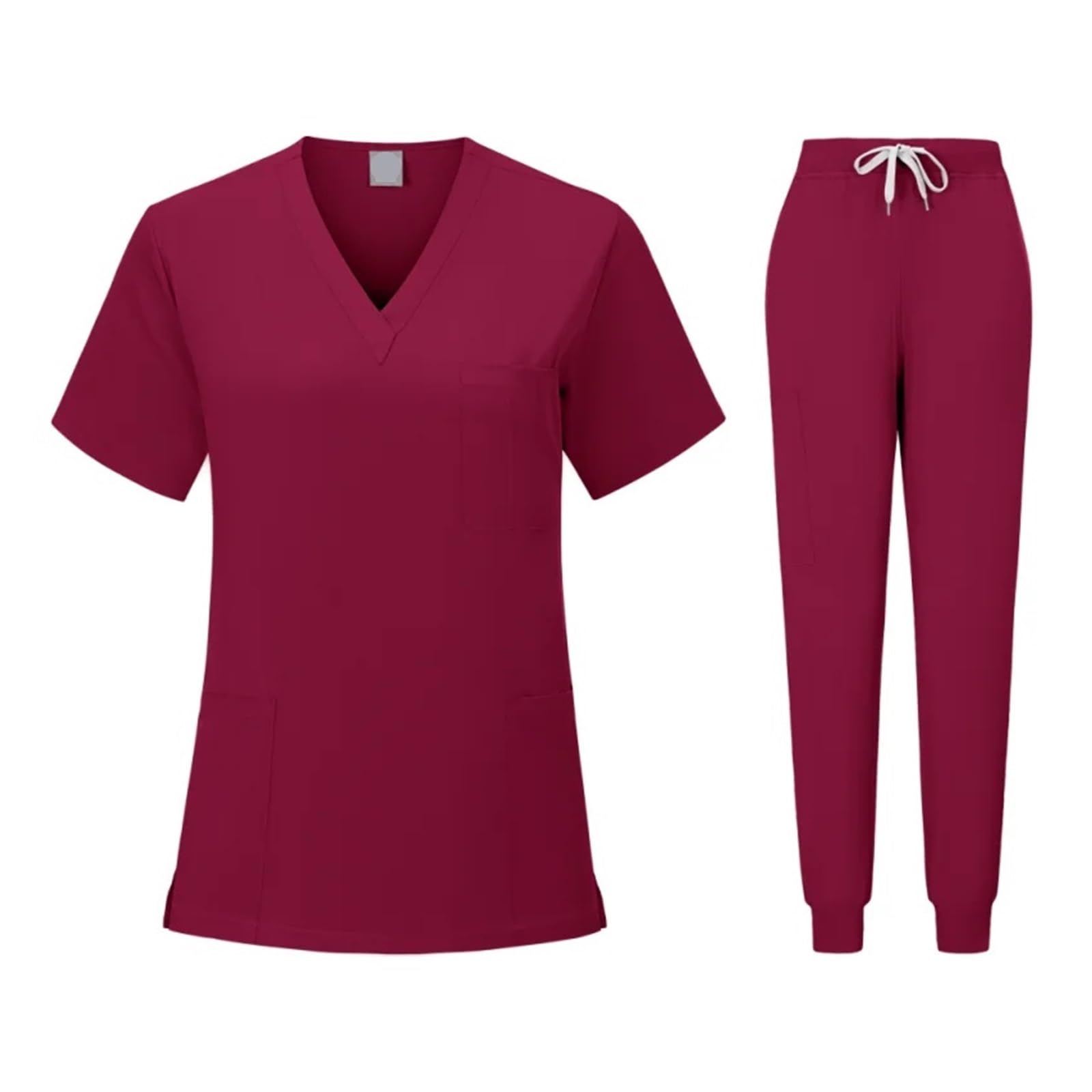 Krankenschwester Uniformen Frau Kurzarm V-Ausschnitt Top Scrubs Jogger Hosen Scrubs Set Frauen Sommer Casual Uniformes Für Beauty Salon Klinik(Burgundy,M)
