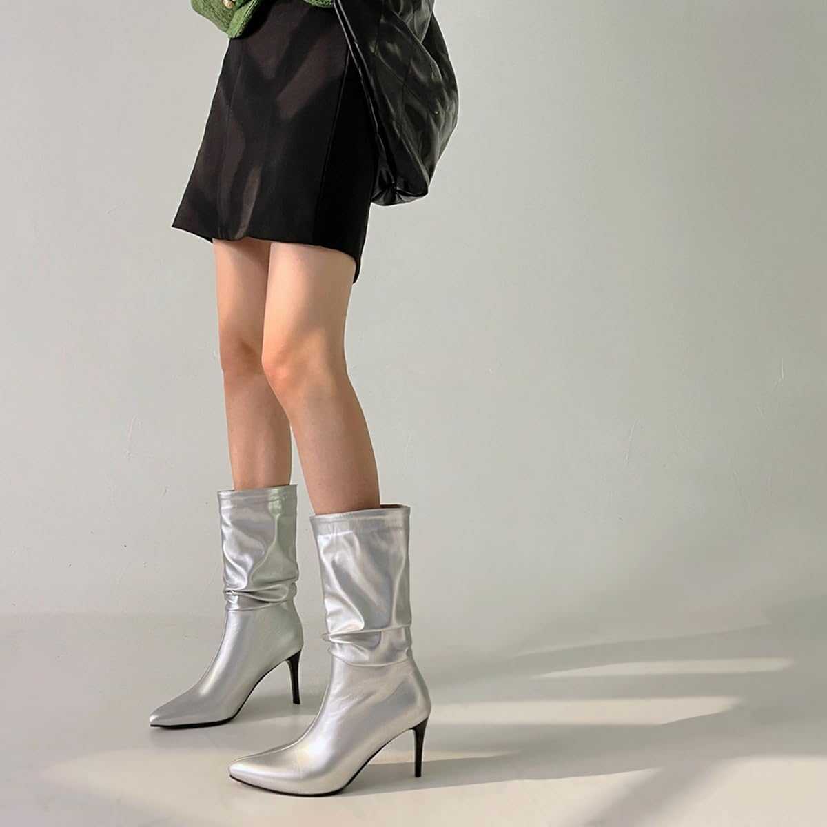 Women's Fashion Slouchy Mid Calf Boots Pointed Toe Pull On Stiletto High Heels Wide Winter Dressy Boot