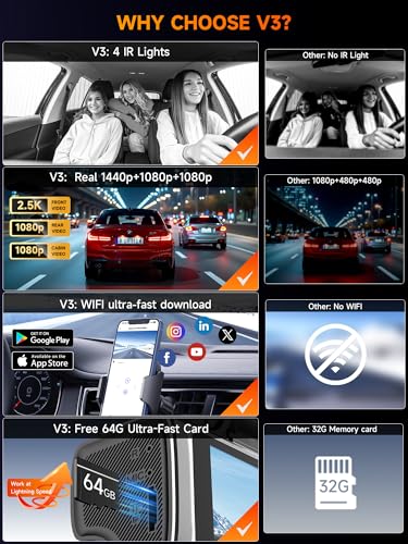 3 Channel 2.5K Dash Cam with 5GHz WiFi & APP Control, 2.5K+1080P+1080P Front Inside and Rear, Triple Dash Camera with SD Card, 24 Hours Parking Mode, Loop Recording, Night Vision - image 8