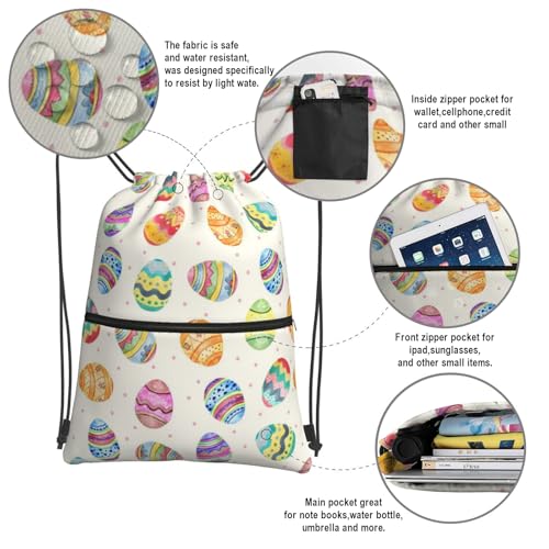 Image of Easter Eggs Drawstring Bag, Waterproof Drawstring Bckpack for Gym Sports Easter Party Gift, Women Men Sackpack Bag with Front Zipper Pocket and Inside Zipper Pocket