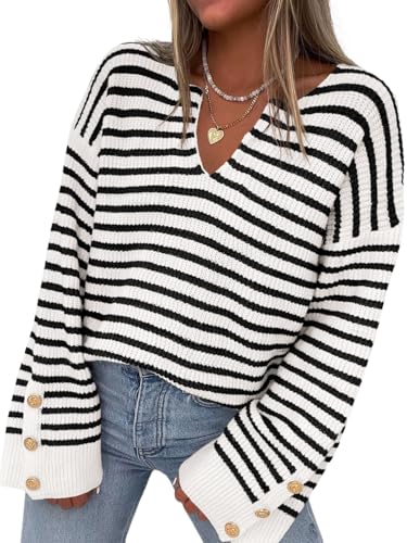 Saodimallsu Womens Striped Sweater Oversized V Neck Knit Long Sleeve Drop Shoulder Trendy Loose Pullover Sweaters - Main Image