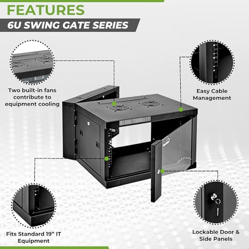 NavePoint 6U Cabinet with Hinged Back - 17.7” Deep, Server Rack Enclosure with Locking Glass Door, Wall Mount Rack with Removable Side Panels, Network Cabinet with 2 Fans, Pre-Assembled by NavePoint - Image 2