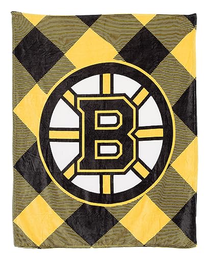 Calhoun NHL Surf & Skate Team Logo Plush Flannel Plaid Throw Blanket (50" by 60") (Boston Bruins)