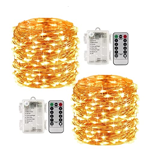 LightsEtc 2 Packs 33 Feet/Pack Fairy Lights Battery Operated, 100 Led Fairy Lights with Remote Timer Control, Waterproof Copper Wire String Twinkle Lights for Bedroom Wedding Indoor Outdoor Decoratio