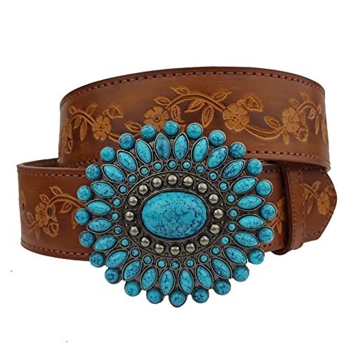 Trending Turquoise Buckle w. tooled Floral Belt