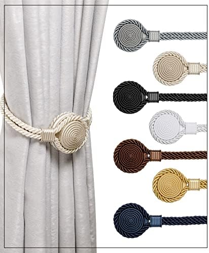 Magnetic Curtain Tiebacks - Modern Unique Upgraded Design 2023 Elegant Twisted Polyester Rope with Strong Magnets Decorative Holdbacks for Window Drapes & Curtains ORXFULY (Beige Dark, 2) (ck-041)