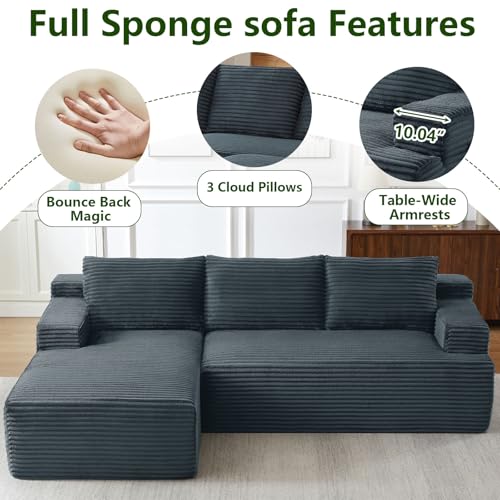 Image of 96 inch Modular Sectional Sofa, Modern Corduroy Cloud Couch, Boneless Couch Upholstered 3-Seater L-Shaped Sofa for Living Room, No Assembly Required (Dark Grey, Left-Facing Chaise)