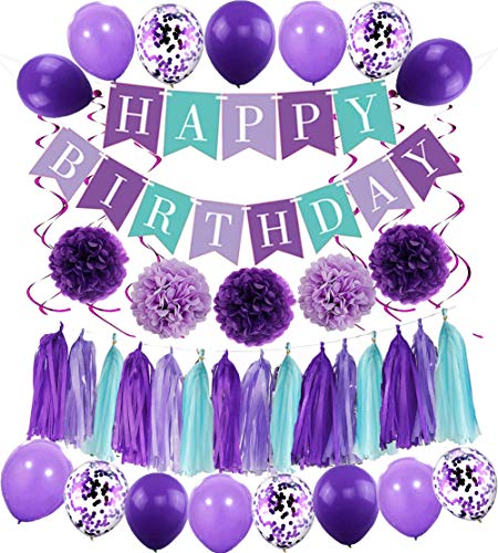 MAKFORT Happy Birthday Girlande Lila Hellviolett Pompoms Luftballons Spiralgirlanden Geburtstag Deko Partydeko Set