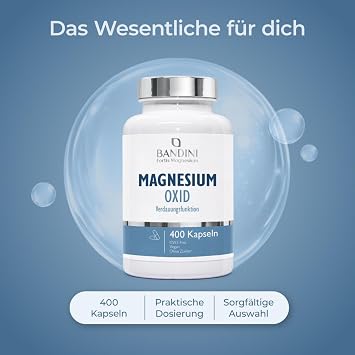 Bandini® Magnesium Oxide 400 Capsules for +1 Year 664 mg per Capsule Of which 400 mg elemental magnesium support for digestion and fatigue high dose energy booster 100% vegan gluten