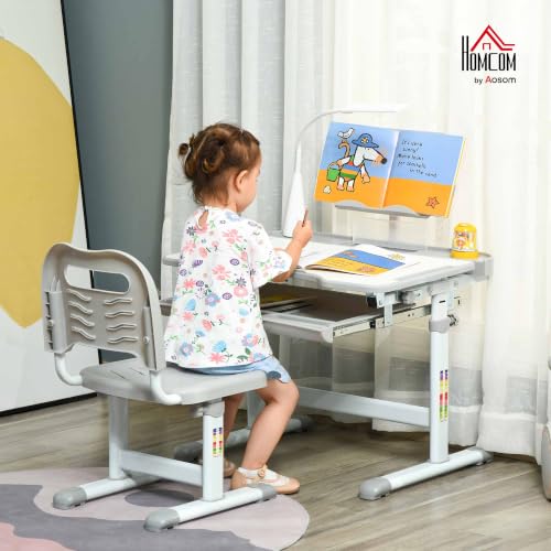 Miniatura 2 de Homcom Juego De Escritorio Y Silla Para Niños De 6 Años Pupitre Infantil Altura Ajustable Escritorio Infantil Con Mesa Inclinable Lámpara Cajón Y Estante Para Libros Gris