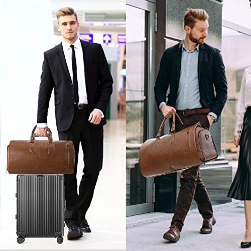 Convertible Leather Garment Bag with Shoes Compartment, Large Carry on Duffel Bag for Men Women - Waterproof Travel Weekender Suit Bag Brown