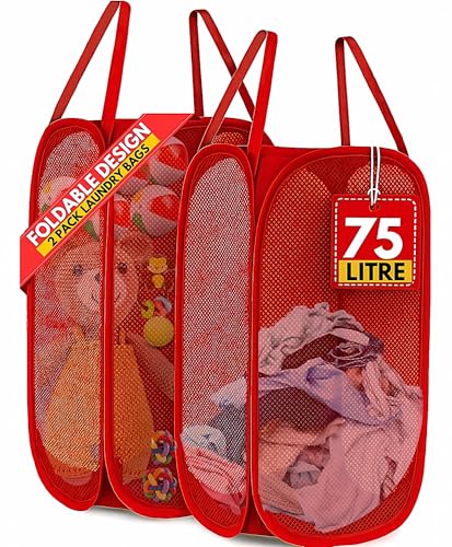 Image of F8WARES 2PK 75 Litres Nylon Mesh Foldable Laundry Basket for Clothes - Odourless Breathable Laundry Bag for Clothes with Carry Handles - Kids Toy Baskets For Storage & Dirty Cloth Basket Hamper Red