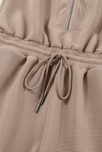 Foenlintenso Rompers for Womens Summer Short Sleeve Half Zip Lapel Collar Drawstring One Piece Jumpsuit with Pockets Khaki XL