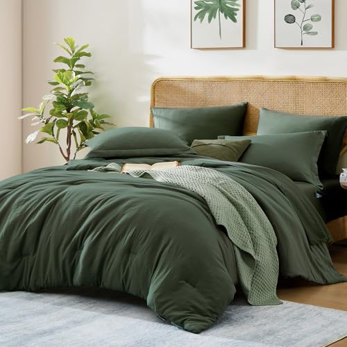 Image of King Size Comforter Set- 7 Pieces Prewashed Bed in a Bag King Bedding Sets | Soft All Season Comforter with Sheets, Pillow Shams & Pillowcases,Deep Forest