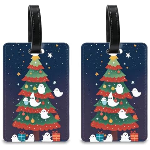 GCACE 2Pcs Luggage Tag for Suitcase Funny Christmas Xmas Holiday Pattern with Adjustable Strap,Travel Bag Luggage Tags for Women Men Kids (Christmas Tree Ghost) Cover