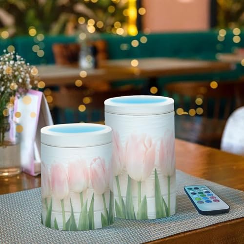 Image of Lights Flameless Candles Spring Pink Tulip Flower Pillar Candles Set of 2 Battery Operated Remote Control Warm Lights Home Decor