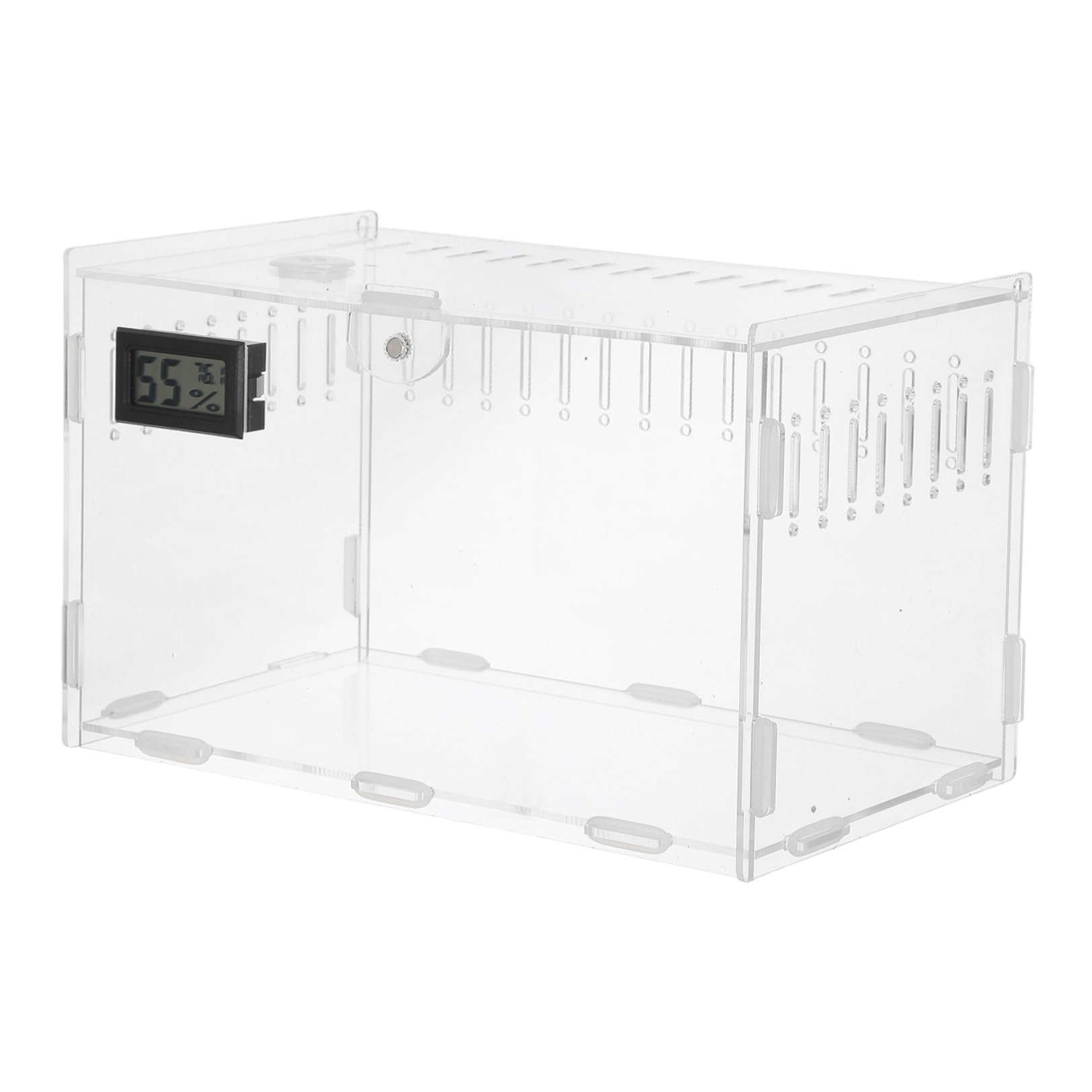 Teca per Rettili in Acrilico con Termometro e Igrometro Digitale | Ventilazione a 360°, Rete Ampia Superiore, Base Inferiore Removibile per Manutenzione Semplice