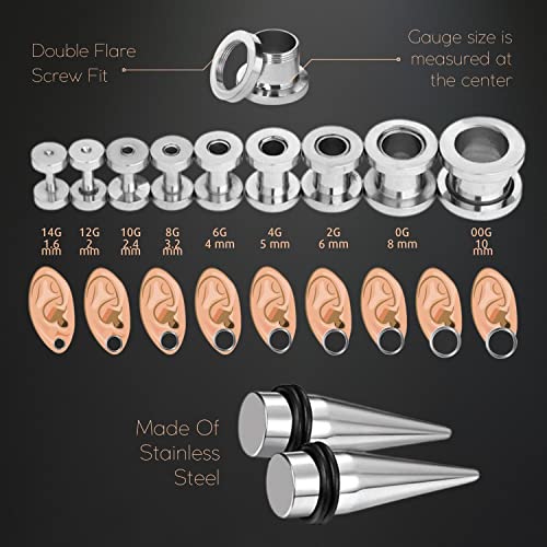 Bodyj4You 36Pc Ear Stretching Gauges Kit 14G-00G - Surgical Steel Tapers Screw Fit Tunnels Plugs - Stretchers Expanders Eyelets #TOP1