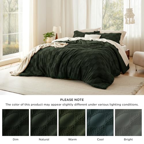 Image of Bedsure Full Size Comforter Set Dark Olive Green, Boho Tufted Bed Set, Checkered Farmhouse-Style Distressed Vintage Bedding, 3 Pieces, 1 Plaid Geometric Comforter and 2 Pillow Shams