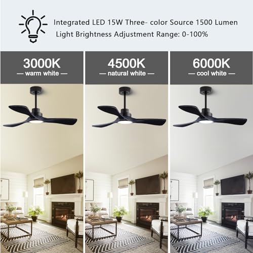Image of 52-inch Silent Ceiling Fan Light with Remote Control, Black Wood Finish. | 3CCT, mobile app, full memory function, for use in living rooms, dining rooms, bedrooms, offices, balconies, and outdoors.