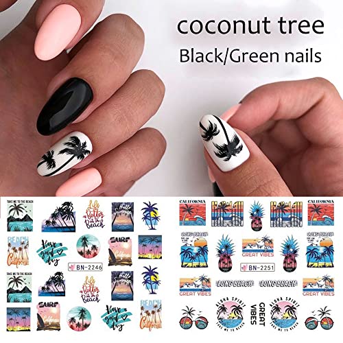 12 Sheets Summer Nail Art Stickers Seaside Series Water Transfer Nail Art Decorations Tropical Style Coconut Palm Beach Design Nail Slider Decals Summer Holiday Nail Accessories For Women Diy #TOP6