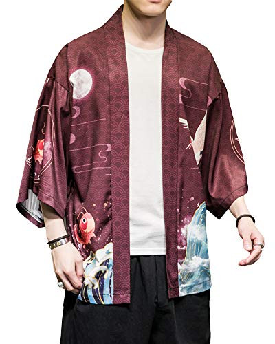 Image of Men's Japanese Kimono Robe Jacket Lightweight 3 /4 Sleeve Open Front Yukata | Silky Smooth Fashion Print Happi Coat Lightweight Breathable Loose Unisex Haori Casual Summer Cardigan Daily Beach Vacation