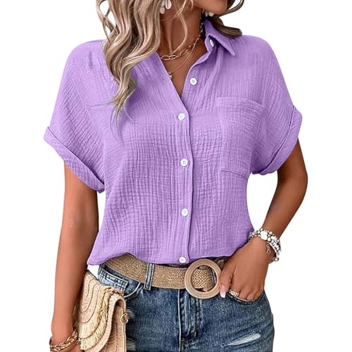 Damen Bluse, Musselin Bluse Damen Shirts Bluse Elegant Tunics Sommer Tshirt Kurzarm Leinen Knopf Bluse Lange Oversized T-Shirt Casual für Leggings, heißes pink M