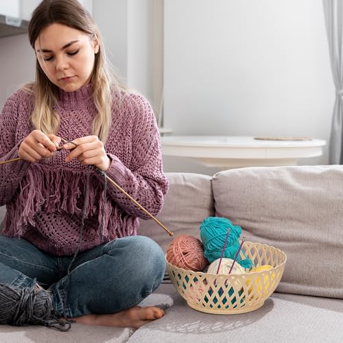 Image of RATAN PLASTICWARE Cane Large Plastic Storage Basket for Fruits, Vegetables & Snacks - Decorative Woven Design for Kitchen, Dining Table & Home Use I Pack of 6 - BEIGE /Dark Brown /OFF WHITE